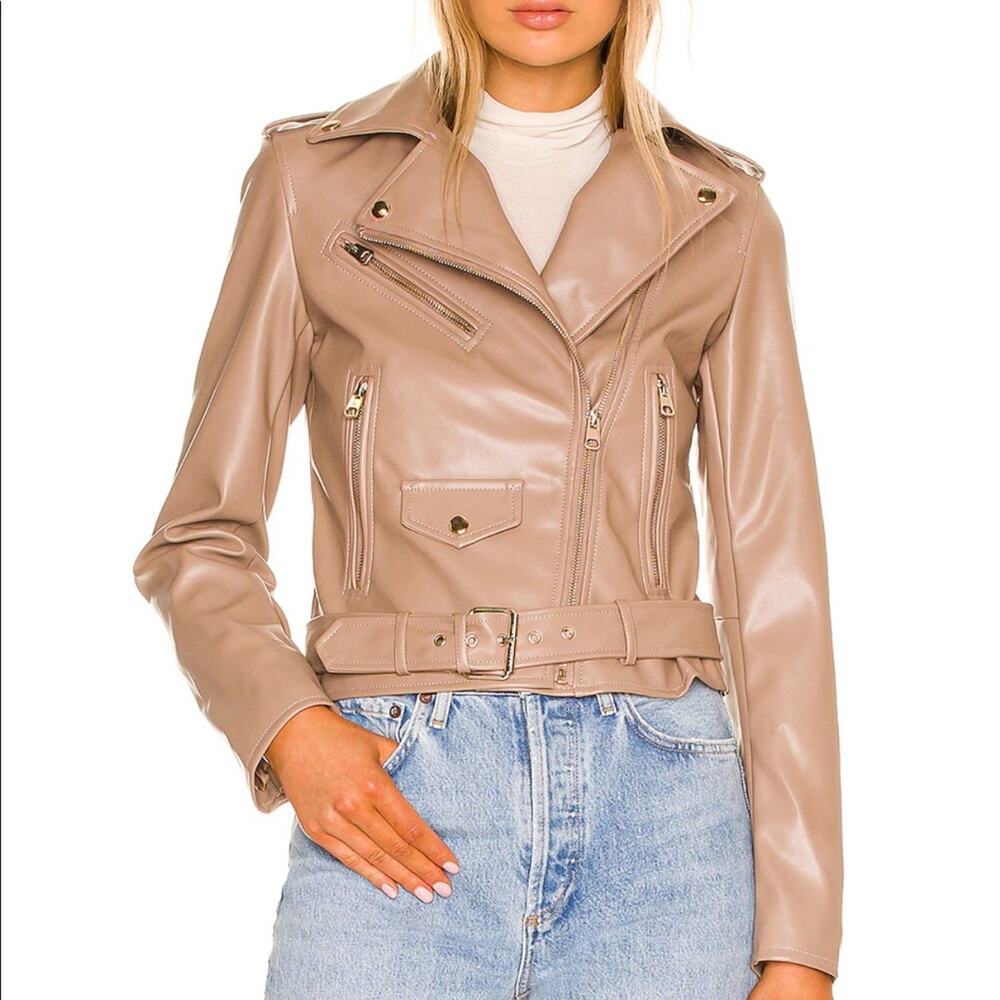 Superdown Giovanna Moto Jacket in Tan Faux Leather with Pockets Zips and Belt - Picture 3 of 11